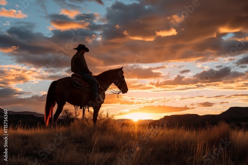 Cowboy on horse at bright sunset in desert. Wild West concept © Olesia