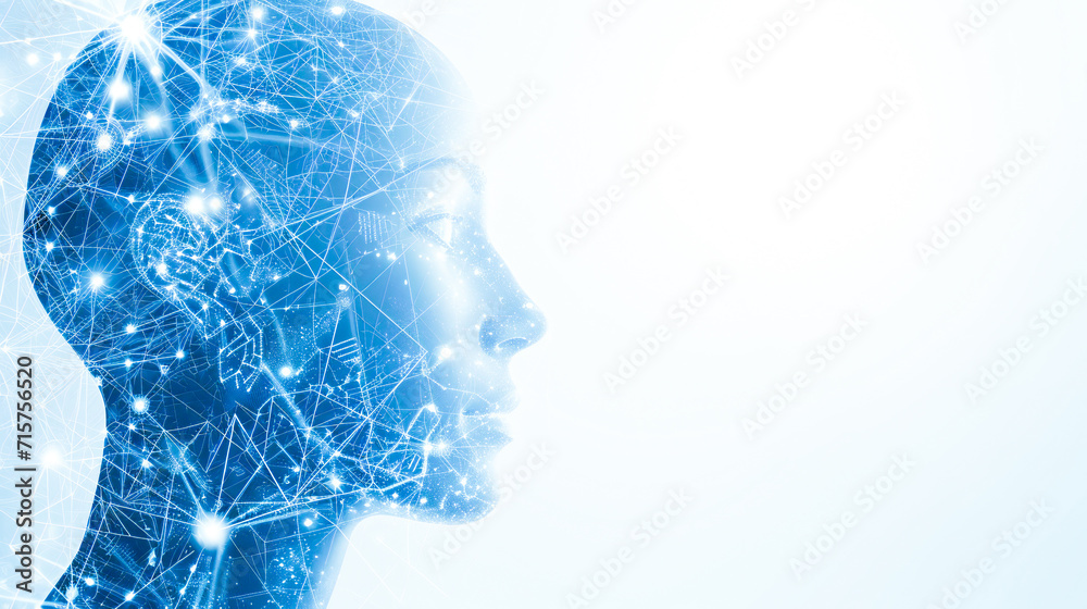 A human head over intricate circuitry. Artificial intelligence and human-computer integration concept.