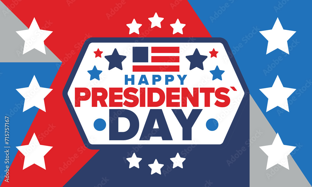 Fototapeta premium Happy Presidents day in United States. Washington's Birthday. Federal holiday in America. Celebrated in February. Patriotic american elements. Poster, banner and background. Vector illustration