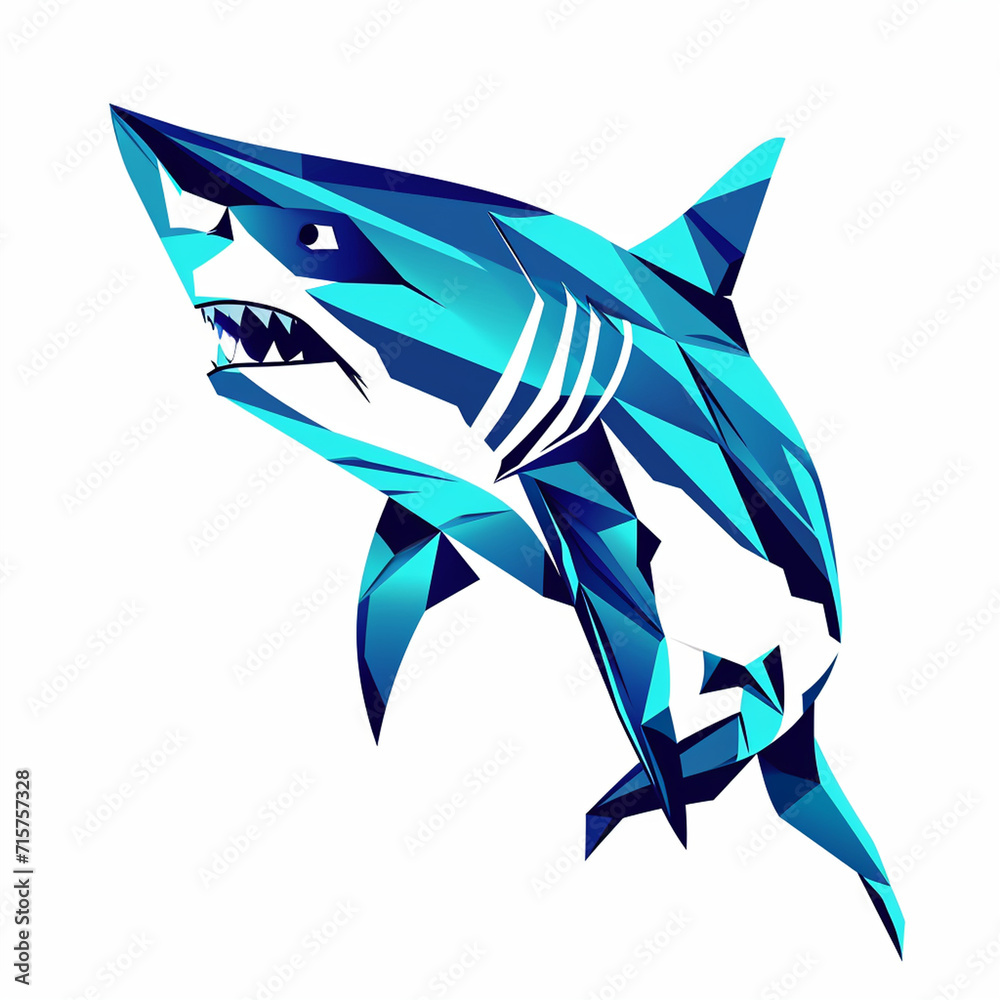 Fototapeta premium Sharp-angled geometric shark head in ocean blues, Logo on white background