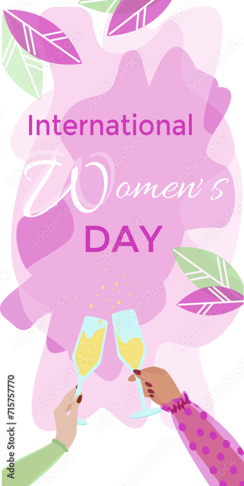 Two Hands Holding Glasses Wine Happy international women's day. Girl power. Feminism. Modern vector illustration in flat style