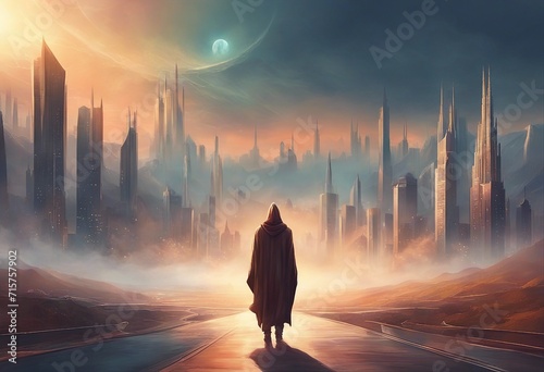 Silhouette illustration of a man in a cloak walking towards the city photo
