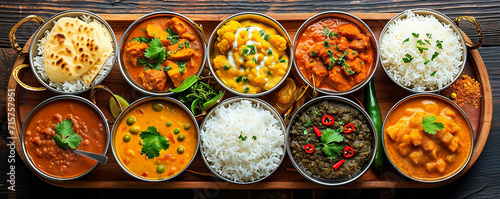 Traditional Indian thali featuring an array of spiced curries, rice, and bread on  wooden tray ,
Palak Paneer, Chiken Tikka, Biryani, Vegetable Curry, Papad, Dal, Palak Sabji, Jira Alu,Rice  Saffron photo