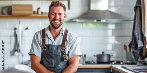 A confident smiling plumber in uniform posing in a modern bathroom setting