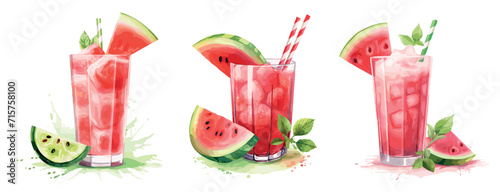 Isolated fresh watermelon smoothies. Watercolor drinks, watermelons juice in glass and slices with lime. Decorative vector healthy summer elements