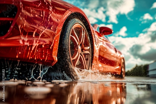 Bright red sports car getting a thorough wash with water splashing, and the sun shining on the wet surface. © apratim