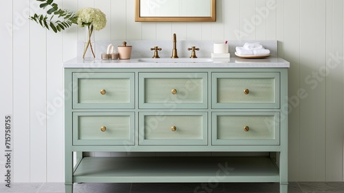 The soft pastel color on this bathroom vanity brings a touch of modern beach house interior design to this space. house beautifully it pairs with the brass faucet and fixtures home design ideas
