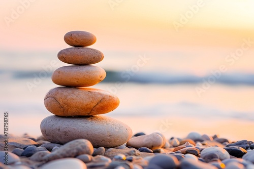 Stacked zen stones on a beach at sunset, symbolizing balance, peace, and harmony in a tranquil, natural setting.