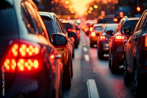 Rows of cars stuck in a traffic jam during rush hour at dusk with glowing tail lights and city vibe.
