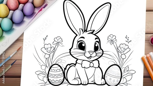Easter coloring page. Easter Bunny with Easter egg. Black and white illustration for coloring book, line art.
