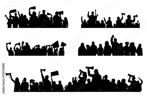 Protesters groups black silhouettes collection. Demonstrations, urban people want changed. Political meeting, opposition, vector elements