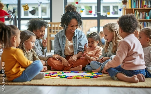 Happy sunny daycare poster. Morning circle time in a kindergarten, laughing children playing with toys, sitting on the floor with a teacher. Happy childhood banner. Diversity concept. AI Generative.
