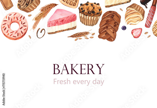 Dessert, piece of cheesecake with fresh strawberries, bagel and pastries. Watercolor hand-drawn illustration isolated on white background. Template for bakery or bakehouse menu and baking card photo
