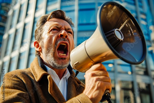 A passionate man shouting through a megaphone against a corporate building background, conveying a message of urgency and activism.