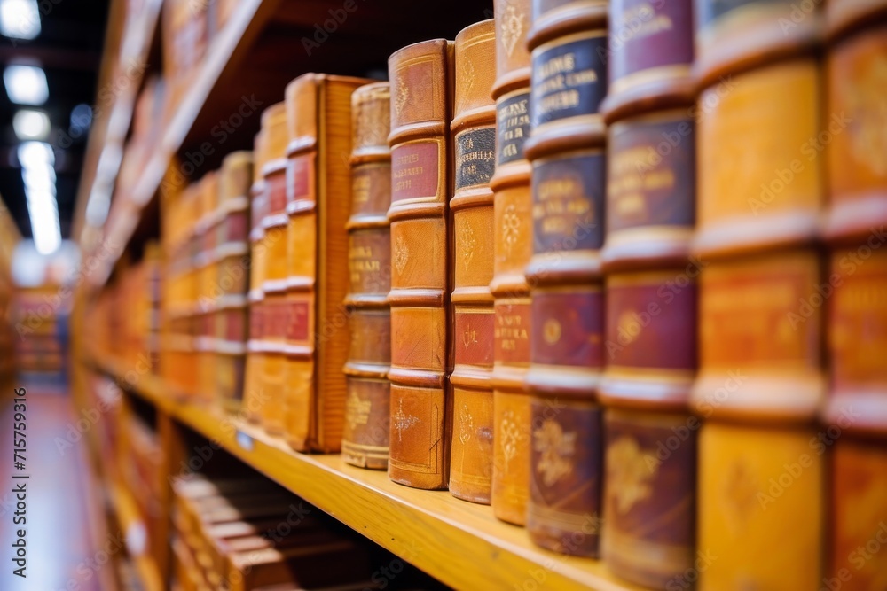 Antique leather-bound books on a wooden shelf in a warm, inviting library, symbolizing knowledge and education.