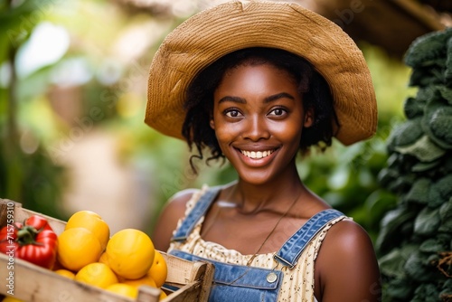 A smiling young woman in a straw hat holding fresh vegetables on a sunny day at a local organic farm market.