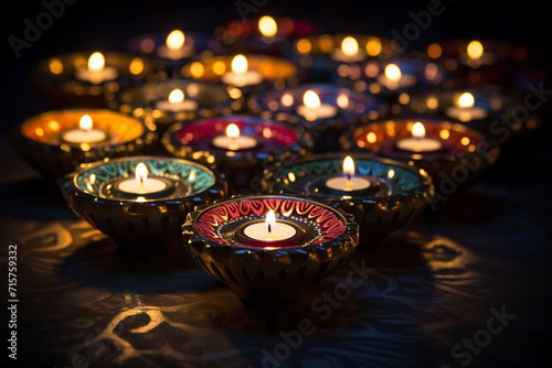 Oil lamps and candles lit at night during diwali celebration