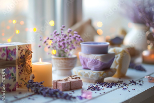 Spa products, essences, salts and lit candle with lavender flowers