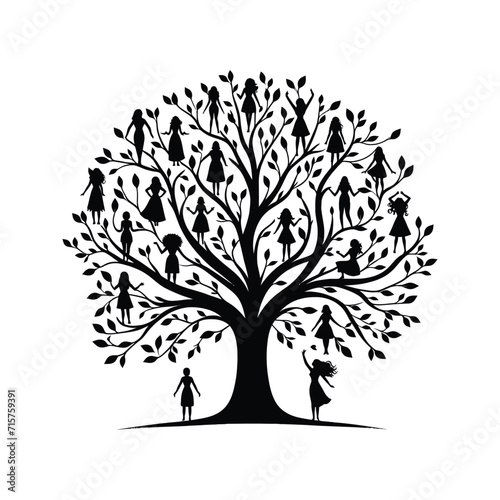 Silhouette of a tree with branches shaped like women.