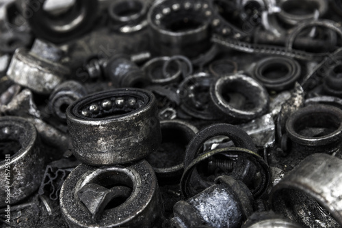 Old used bearings in a car repair shop, close up photo