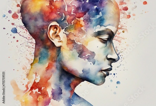 Human head, chakra power, inspiration abstract thinking splash watercolor painting