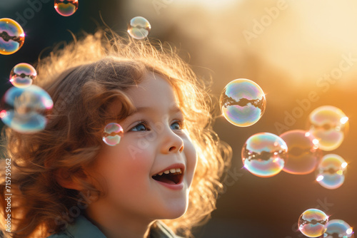 a child rejoices with soap bubbles, laughs, looks to the side, close-up against the sky, sunset sunlight