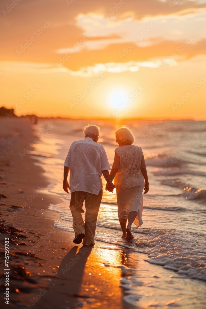 A joyful elderly couple walking on the beach enjoying a leisurely sunset
