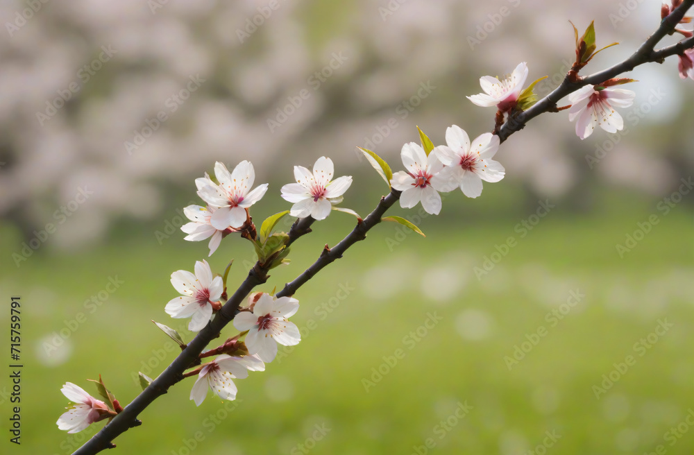 spring cherry orchard, close-up cherry blossom branch, against the backdrop of young green grass, landscape panorama, background blurred, copy space.