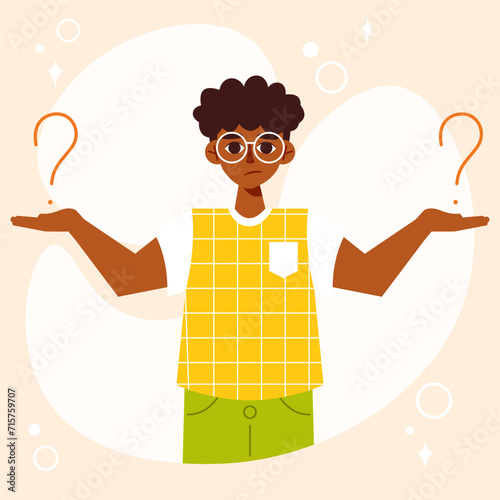 Confused young African American guy thinking surrounded by question marks. Vector character in flat cartoon style. Concept of doubting, solving problem and making choice