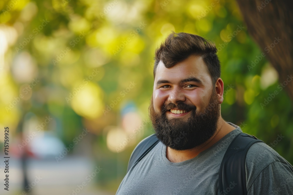 Cheerful Bearded Man with Backpack.
A cheerful man with a beard and a backpack smiles while enjoying a walk in a verdant area.