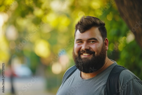 Cheerful Bearded Man with Backpack. A cheerful man with a beard and a backpack smiles while enjoying a walk in a verdant area. © AI Visual Vault
