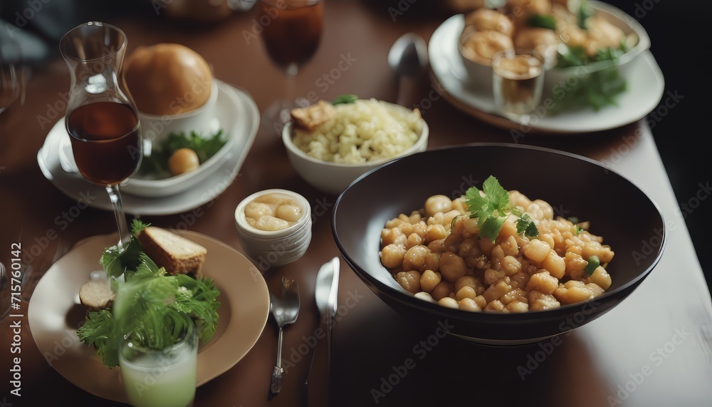 Overhead view of food served in bowl on table