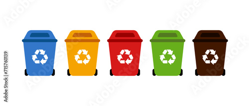 Recycling trash bins by color. Vector recycling symbols: paper, plastic, glass, metal, organic. Recycle by colors trash can illustrations on white background. photo