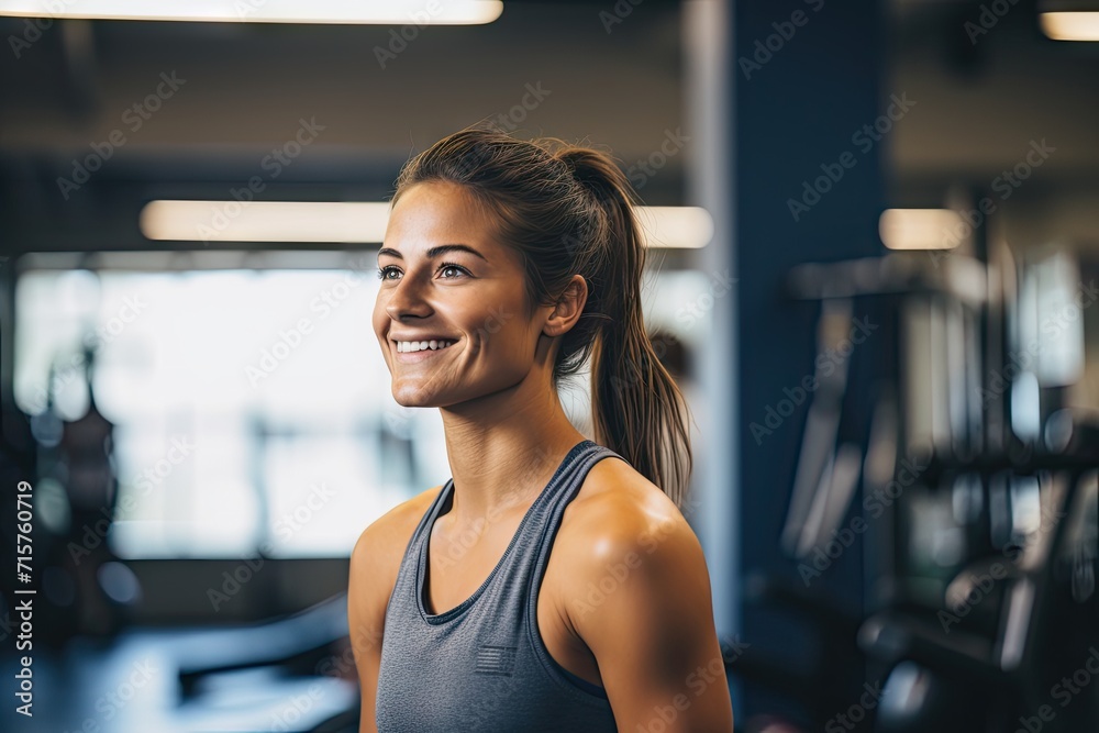 Smiling fit woman in gym wear standing in a gym with exercise equipment in the background.