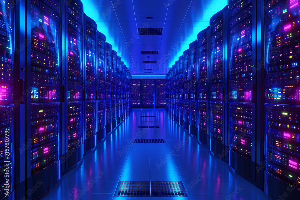 Many powerful servers running in the data center server room. Disk storage array. Modern technical hosting site Many powerful servers running in the data center server room. Disk storage array. Modern technical hosting site