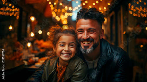 latin 40s father with his child daughter, bonding and smiling at a family dinner. Father's day concept