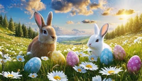 Easter landscape with colorful eggs and daisy flower on meadows under a beautiful sky.