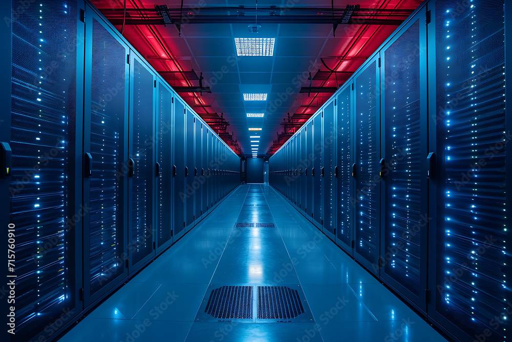 Many powerful servers running in the data center server room. Disk storage array. Modern technical hosting site