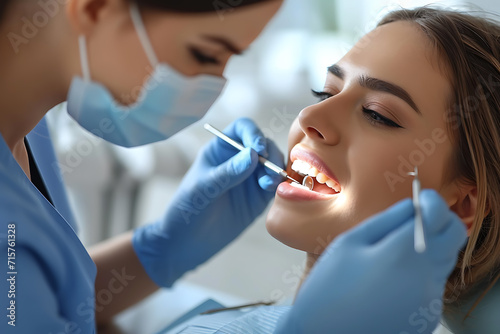 dentist gives an injection of painkiller to a female patient in the gums, dental practice concept 