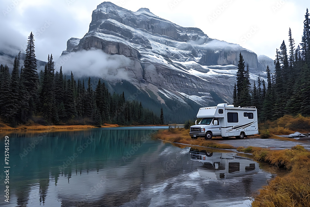 motorhome parked in a parking lot near a blue lake with a mountain motorhome parked in a parking lot near a blue lake with a mountain