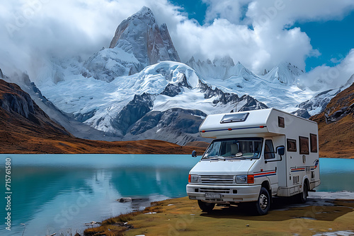 motorhome parked in a parking lot near a blue lake with a mountain  photo