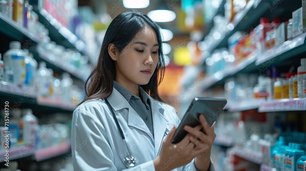 Portrait of an Asian pharmacist working in her uniform with a copy space, Generative AI.