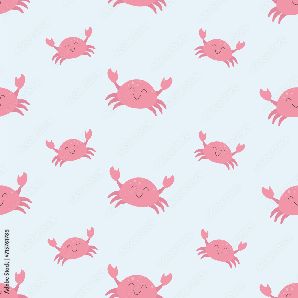 Seamless pattern with cute pink crab. Background with a funny sea character in kawaii style. Vector background for print, design, wallpaper, decor, textiles and packaging, eps 10. Seamless pattern with cute pink crab. Background with a funny sea character in kawaii style. Vector background for print, design, wallpaper, decor, textiles and packaging, eps 10.
