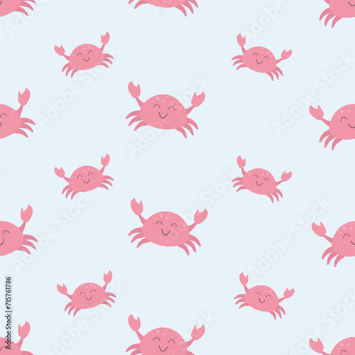 Seamless pattern with cute pink crab. Background with a funny sea character in kawaii style. Vector background for print  design  wallpaper  decor  textiles and packaging  eps 10.