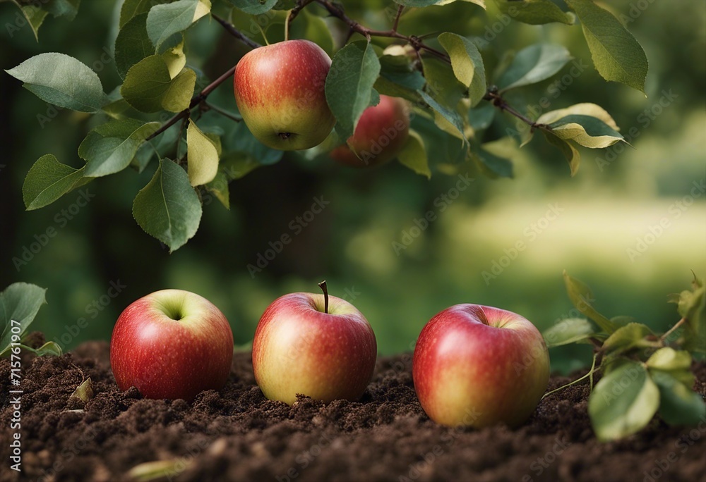 Close-up of three red apples with hints of yellow resting on rich, dark soil, with additional apples hanging from a tree above, capturing a bountiful harvest scene. Close-up of three red apples with hints of yellow resting on rich, dark soil, with additional apples hanging from a tree above, capturing a bountiful harvest scene.