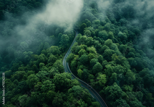 Highway, road and drone view of a path through the forest for vacation, adventure and transportation. Clean, green and jungle landscape for environment, sustainability and ecology background photo