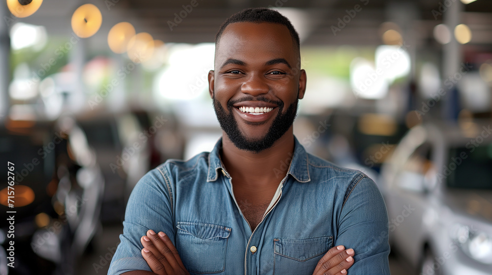 Portrait of a happy dark-skinned man standing in a car showroom. - obrazy, fototapety, plakaty 