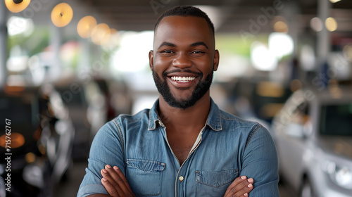 Portrait of a happy dark-skinned man standing in a car showroom.