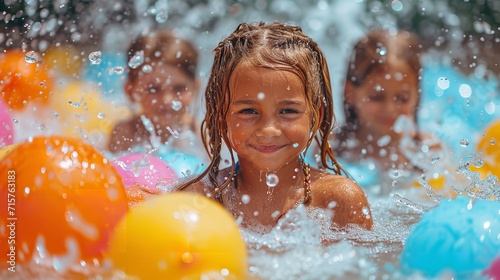 Portrait of little kids having fun in water park, splashing waters around them, with a copy space, Generative AI. © Electro Unicorn