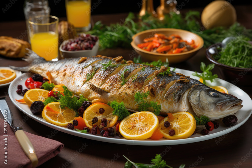 fried mackerel rib on a platter on the table with vegetables and spices, lemons fried mackerel rib on a platter on the table with vegetables and spices, lemons